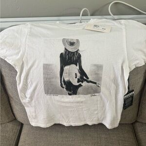 White Graphic Short Sleeve Tee with Guitar Print - Women's